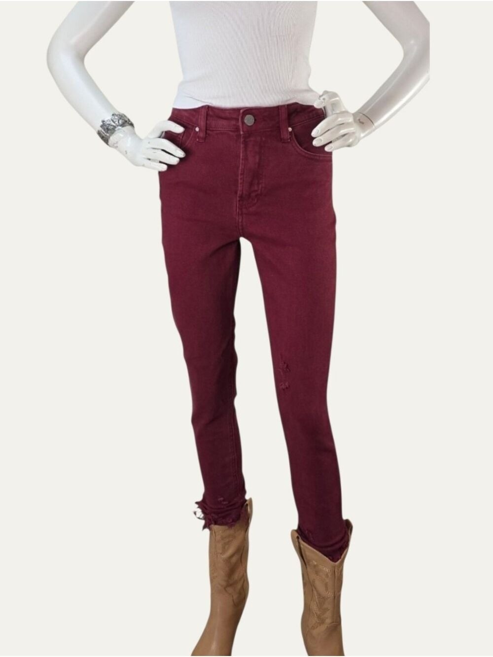 Risen Wine Skinny Jeans 1/25 Frayed Hem Downtown Luxe Stretch NWT
